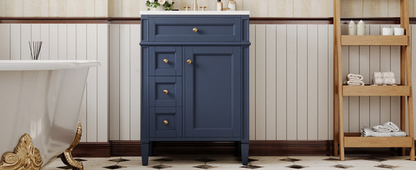 English Elm 24'' French Inspired Single Sink Vanity Solid Wood Legs Blue Lacquer 3 Drawer Storage N710P458431C