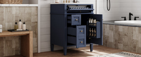English Elm 24'' French Inspired Single Sink Vanity Solid Wood Legs Blue Lacquer 3 Drawer Storage N710P458431C