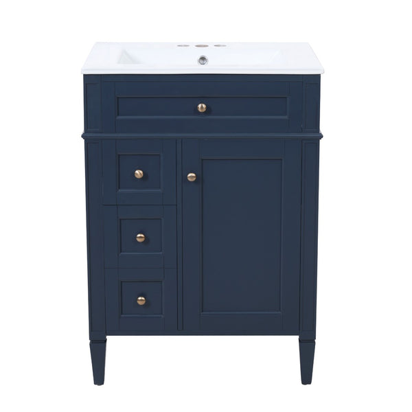 English Elm 24'' French Inspired Single Sink Vanity Solid Wood Legs Blue Lacquer 3 Drawer Storage N710P458431C