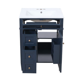English Elm 24'' French Inspired Single Sink Vanity Solid Wood Legs Blue Lacquer 3 Drawer Storage N710P458431C
