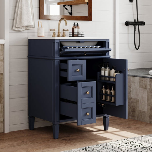 English Elm 24'' French Inspired Single Sink Vanity Solid Wood Legs Blue Lacquer 3 Drawer Storage N710P458431C