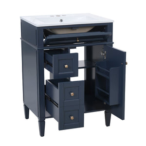 English Elm 24'' French Inspired Single Sink Vanity Solid Wood Legs Blue Lacquer 3 Drawer Storage N710P458431C