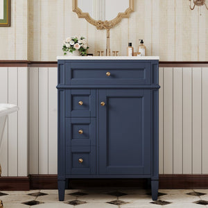 English Elm 24'' French Inspired Single Sink Vanity Solid Wood Legs Blue Lacquer 3 Drawer Storage N710P458431C