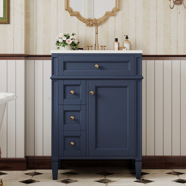 English Elm 24'' French Inspired Single Sink Vanity Solid Wood Legs Blue Lacquer 3 Drawer Storage N710P458431C