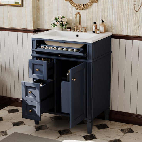 English Elm 24'' French Inspired Single Sink Vanity Solid Wood Legs Blue Lacquer 3 Drawer Storage N710P458431C