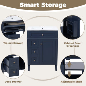English Elm 24'' French Inspired Single Sink Vanity Solid Wood Legs Blue Lacquer 3 Drawer Storage N710P458431C