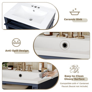 English Elm 24'' French Inspired Single Sink Vanity Solid Wood Legs Blue Lacquer 3 Drawer Storage N710P458431C