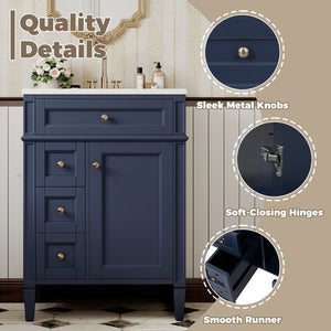 English Elm 24'' French Inspired Single Sink Vanity Solid Wood Legs Blue Lacquer 3 Drawer Storage N710P458431C
