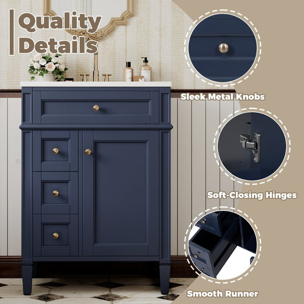 English Elm 24'' French Inspired Single Sink Vanity Solid Wood Legs Blue Lacquer 3 Drawer Storage N710P458431C