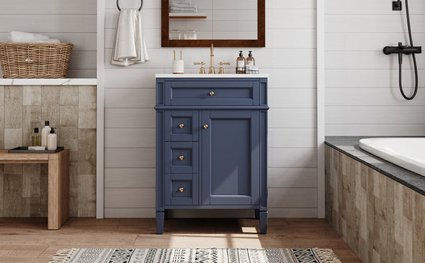 English Elm 24'' French Inspired Single Sink Vanity Solid Wood Legs Blue Lacquer 3 Drawer Storage N710P458431C