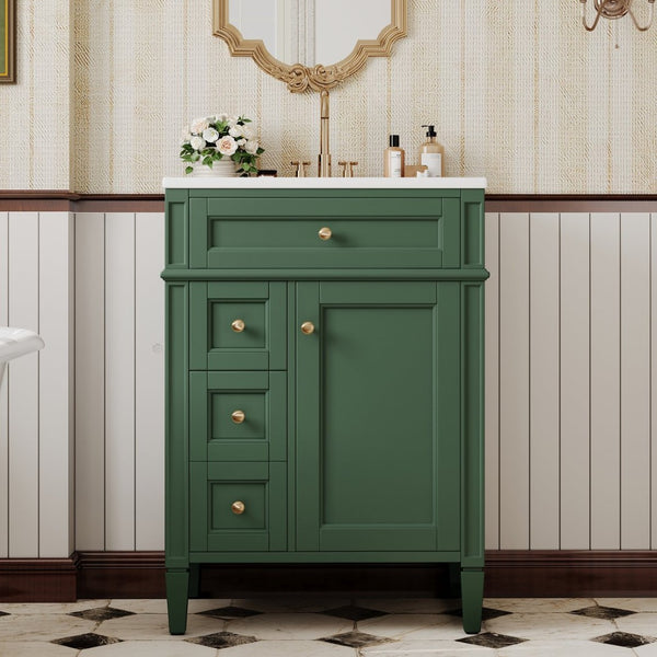 English Elm 24 Inch French Inspired Bathroom Vanity with Ceramic Sink Soft Close Drawers and Cabinet Green N710P458431F