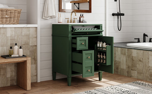 English Elm 24 Inch French Inspired Bathroom Vanity with Ceramic Sink Soft Close Drawers and Cabinet Green N710P458431F