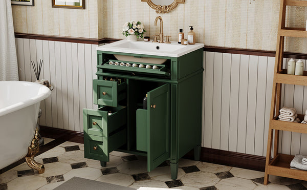 English Elm 24 Inch French Inspired Bathroom Vanity with Ceramic Sink Soft Close Drawers and Cabinet Green N710P458431F