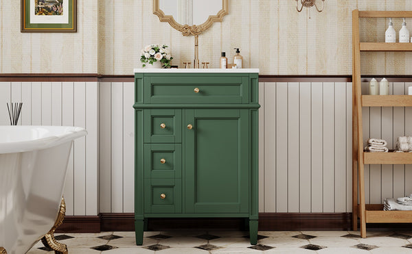 English Elm 24 Inch French Inspired Bathroom Vanity with Ceramic Sink Soft Close Drawers and Cabinet Green N710P458431F