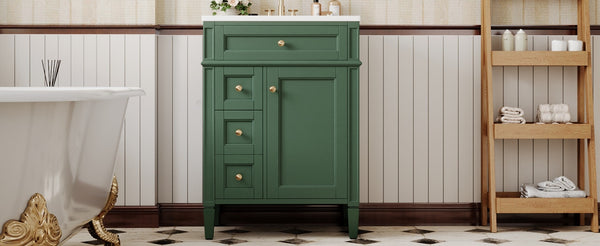 English Elm 24 Inch French Inspired Bathroom Vanity with Ceramic Sink Soft Close Drawers and Cabinet Green N710P458431F