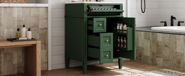 English Elm 24 Inch French Inspired Bathroom Vanity with Ceramic Sink Soft Close Drawers and Cabinet Green N710P458431F