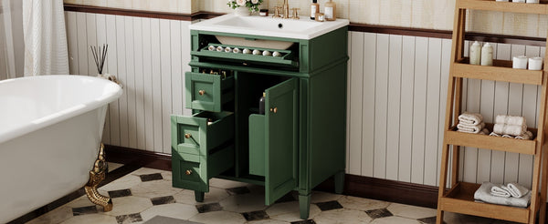 English Elm 24 Inch French Inspired Bathroom Vanity with Ceramic Sink Soft Close Drawers and Cabinet Green N710P458431F