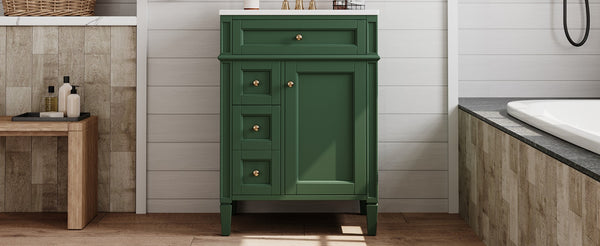 English Elm 24 Inch French Inspired Bathroom Vanity with Ceramic Sink Soft Close Drawers and Cabinet Green N710P458431F