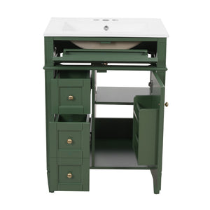 English Elm 24 Inch French Inspired Bathroom Vanity with Ceramic Sink Soft Close Drawers and Cabinet Green N710P458431F