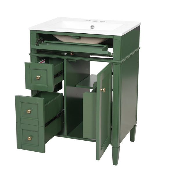 English Elm 24 Inch French Inspired Bathroom Vanity with Ceramic Sink Soft Close Drawers and Cabinet Green N710P458431F