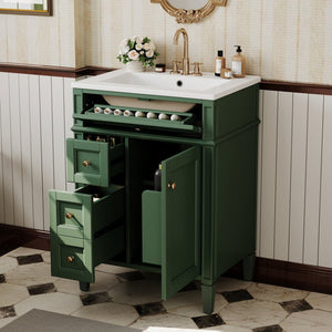 English Elm 24 Inch French Inspired Bathroom Vanity with Ceramic Sink Soft Close Drawers and Cabinet Green N710P458431F