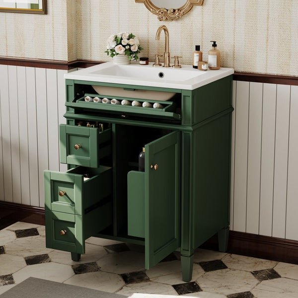 English Elm 24 Inch French Inspired Bathroom Vanity with Ceramic Sink Soft Close Drawers and Cabinet Green N710P458431F