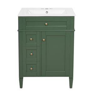 English Elm 24 Inch French Inspired Bathroom Vanity with Ceramic Sink Soft Close Drawers and Cabinet Green N710P458431F
