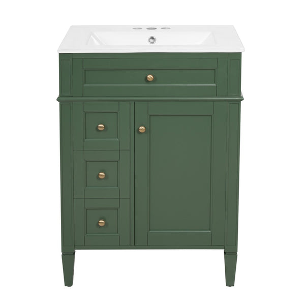 English Elm 24 Inch French Inspired Bathroom Vanity with Ceramic Sink Soft Close Drawers and Cabinet Green N710P458431F
