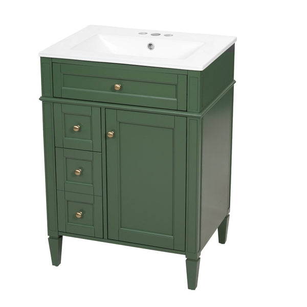English Elm 24 Inch French Inspired Bathroom Vanity with Ceramic Sink Soft Close Drawers and Cabinet Green N710P458431F
