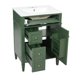 English Elm 24 Inch French Inspired Bathroom Vanity with Ceramic Sink Soft Close Drawers and Cabinet Green N710P458431F