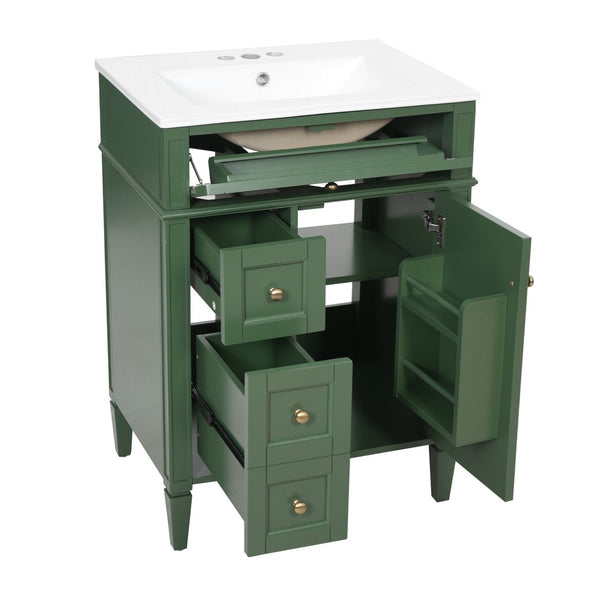 English Elm 24 Inch French Inspired Bathroom Vanity with Ceramic Sink Soft Close Drawers and Cabinet Green N710P458431F