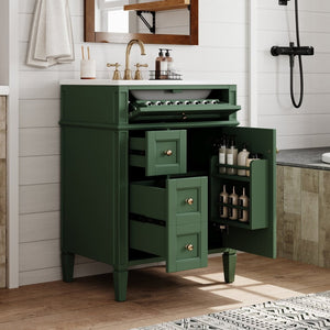 English Elm 24 Inch French Inspired Bathroom Vanity with Ceramic Sink Soft Close Drawers and Cabinet Green N710P458431F