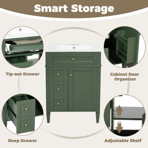 English Elm 24 Inch French Inspired Bathroom Vanity with Ceramic Sink Soft Close Drawers and Cabinet Green N710P458431F