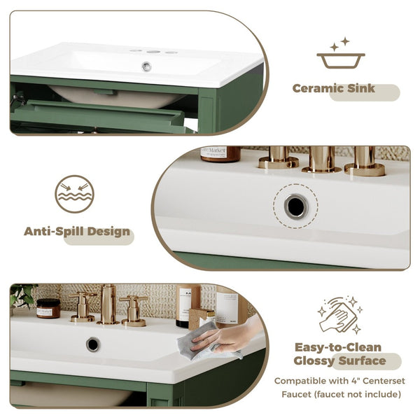 English Elm 24 Inch French Inspired Bathroom Vanity with Ceramic Sink Soft Close Drawers and Cabinet Green N710P458431F