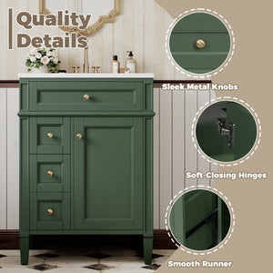 English Elm 24 Inch French Inspired Bathroom Vanity with Ceramic Sink Soft Close Drawers and Cabinet Green N710P458431F