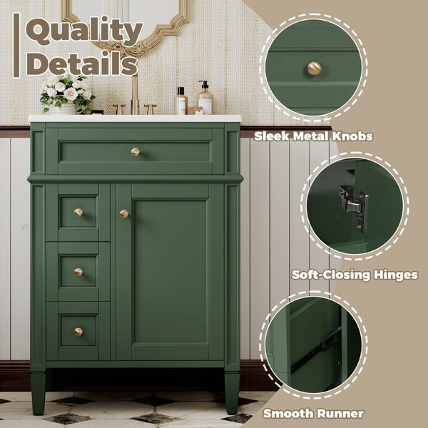 English Elm 24 Inch French Inspired Bathroom Vanity with Ceramic Sink Soft Close Drawers and Cabinet Green N710P458431F