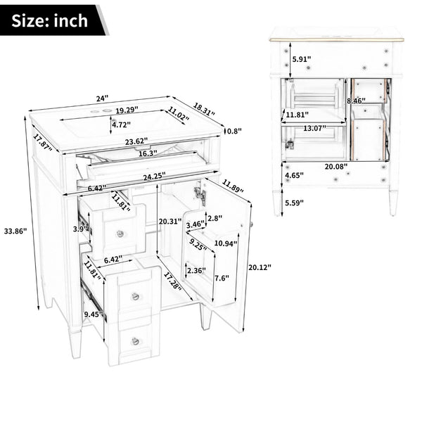 English Elm 24 Inch French Inspired Bathroom Vanity with Ceramic Sink Soft Close Drawers and Cabinet Green N710P458431F