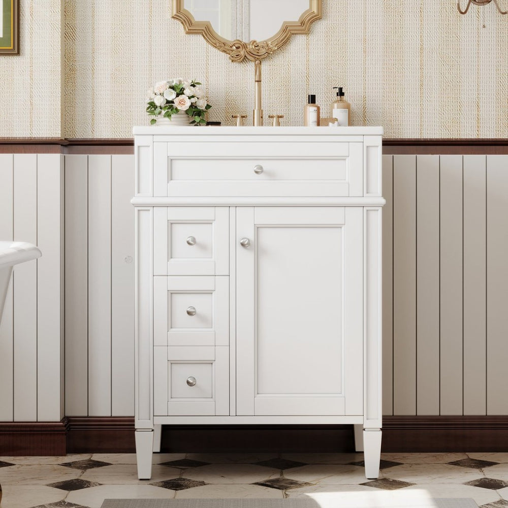 English Elm 24 Inch French Inspired Bathroom Vanity with Ceramic Sink Soft Close Drawers and Cabinet White N710P458431K