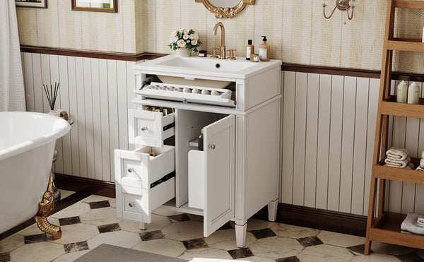English Elm 24 Inch French Inspired Bathroom Vanity with Ceramic Sink Soft Close Drawers and Cabinet White N710P458431K