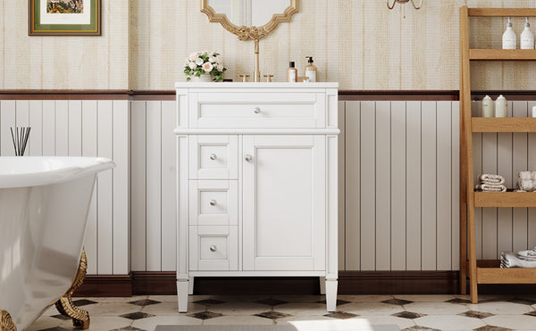English Elm 24 Inch French Inspired Bathroom Vanity with Ceramic Sink Soft Close Drawers and Cabinet White N710P458431K