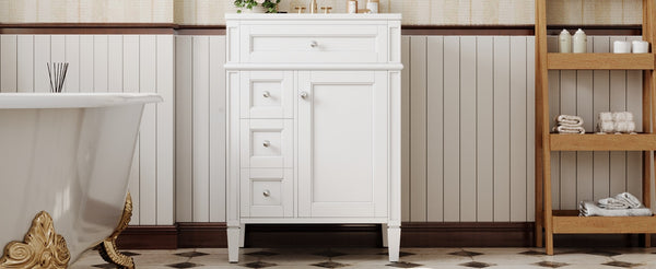 English Elm 24 Inch French Inspired Bathroom Vanity with Ceramic Sink Soft Close Drawers and Cabinet White N710P458431K