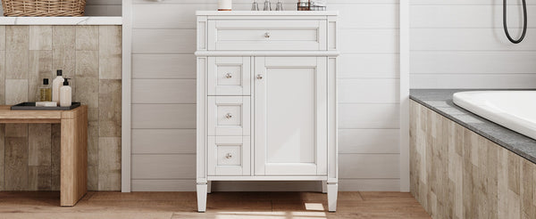 English Elm 24 Inch French Inspired Bathroom Vanity with Ceramic Sink Soft Close Drawers and Cabinet White N710P458431K