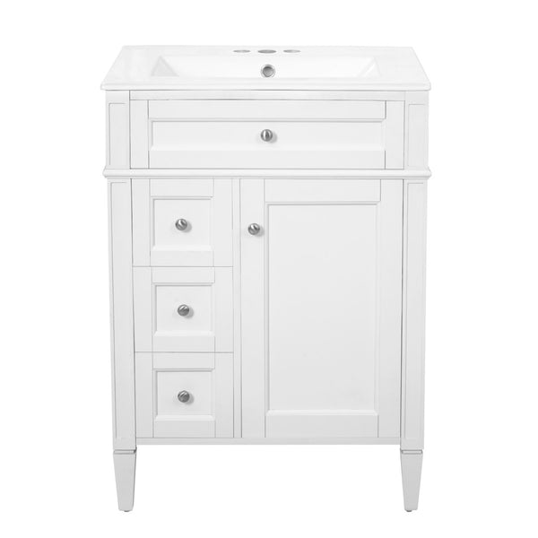 English Elm 24 Inch French Inspired Bathroom Vanity with Ceramic Sink Soft Close Drawers and Cabinet White N710P458431K