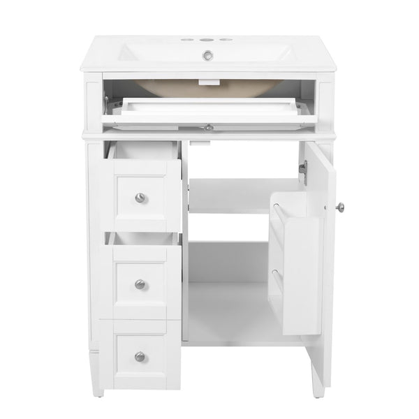 English Elm 24 Inch French Inspired Bathroom Vanity with Ceramic Sink Soft Close Drawers and Cabinet White N710P458431K
