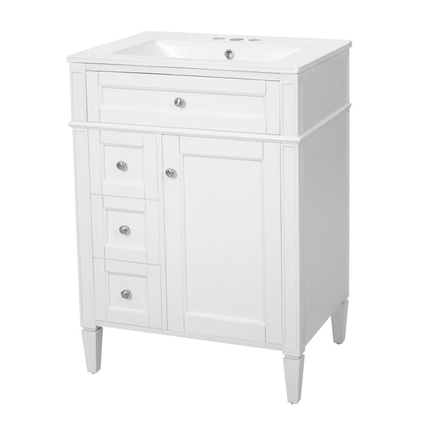 English Elm 24 Inch French Inspired Bathroom Vanity with Ceramic Sink Soft Close Drawers and Cabinet White N710P458431K