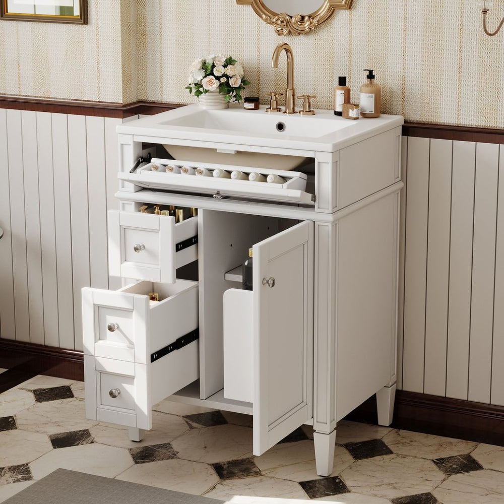 English Elm 24 Inch French Inspired Bathroom Vanity with Ceramic Sink Soft Close Drawers and Cabinet White N710P458431K