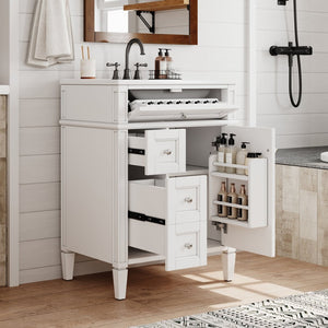 English Elm 24 Inch French Inspired Bathroom Vanity with Ceramic Sink Soft Close Drawers and Cabinet White N710P458431K