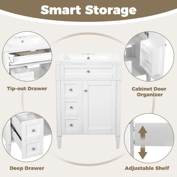English Elm 24 Inch French Inspired Bathroom Vanity with Ceramic Sink Soft Close Drawers and Cabinet White N710P458431K