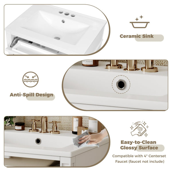 English Elm 24 Inch French Inspired Bathroom Vanity with Ceramic Sink Soft Close Drawers and Cabinet White N710P458431K