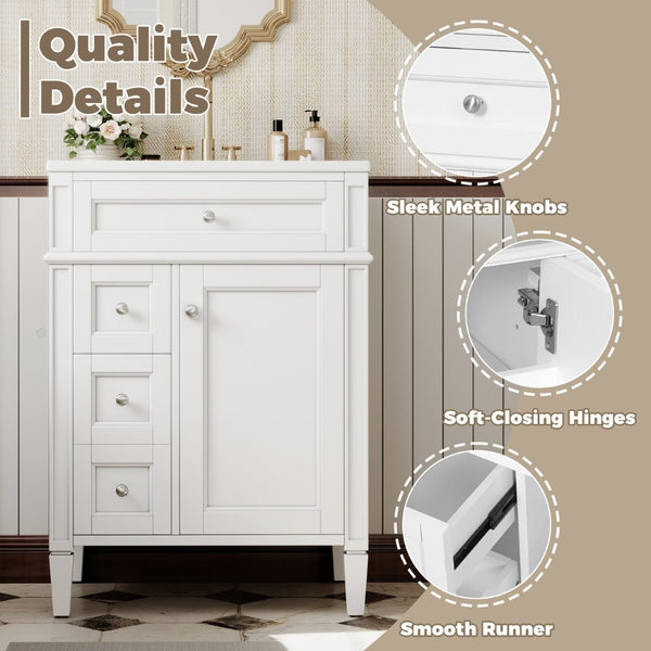 English Elm 24 Inch French Inspired Bathroom Vanity with Ceramic Sink Soft Close Drawers and Cabinet White N710P458431K